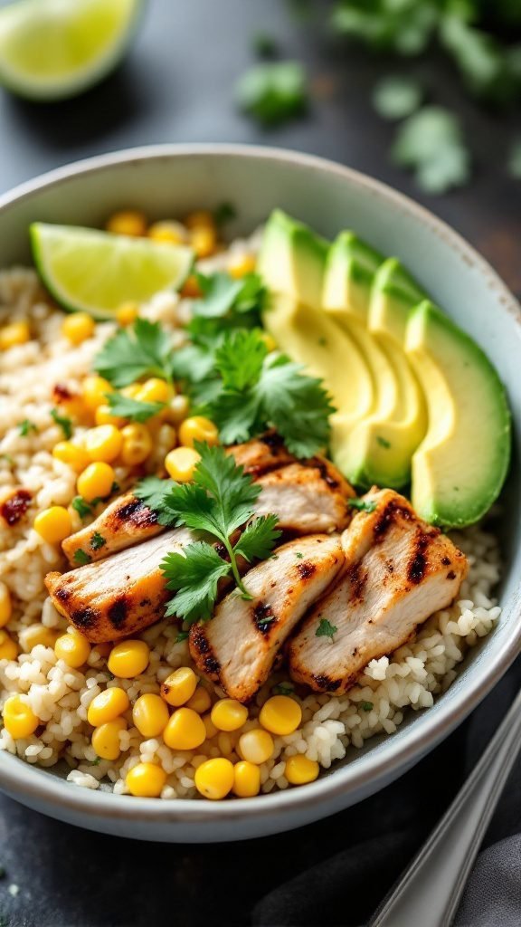 A colorful cilantro lime chicken rice bowl with grilled chicken, corn, avocado, and lime.