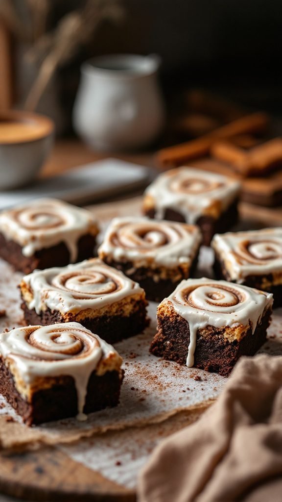 Delicious cinnamon roll brownies topped with frosting and cinnamon swirl