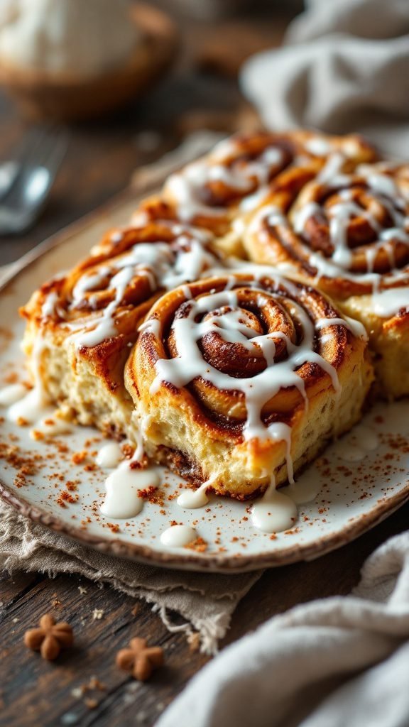 A delicious cinnamon roll casserole topped with icing, served warm on a plate.