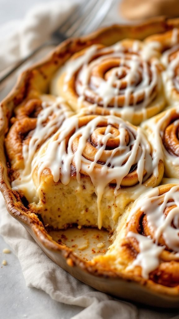 A delicious cinnamon roll casserole with golden brown rolls drizzled with icing.