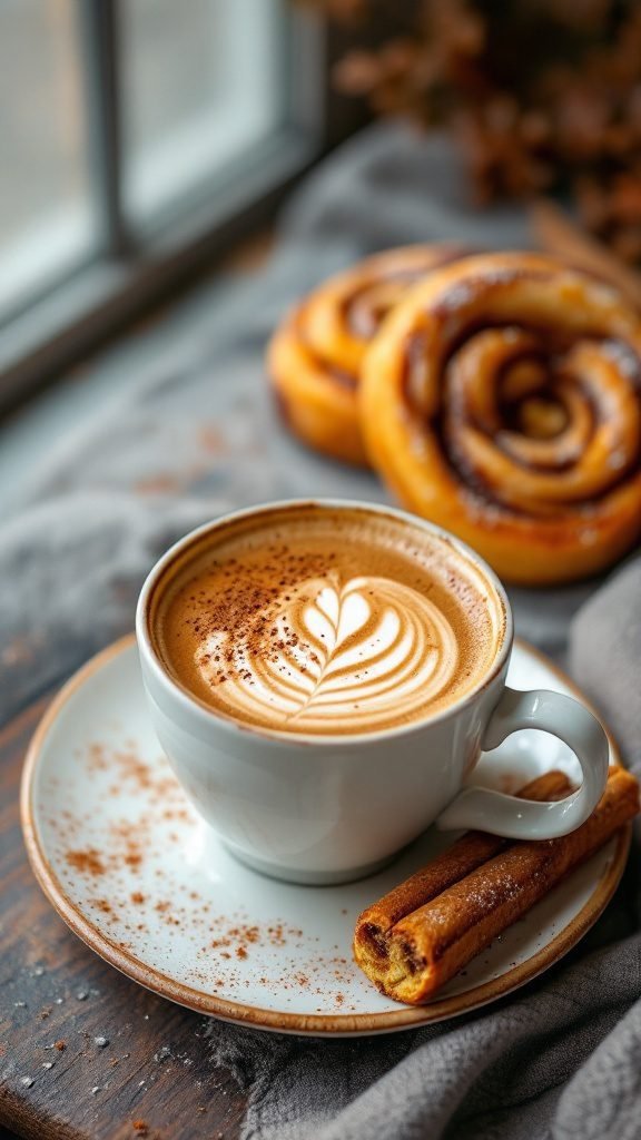 A cozy cup of cinnamon roll coffee with a swirl pattern on top, served with a cinnamon roll and a sprinkle of cinnamon.