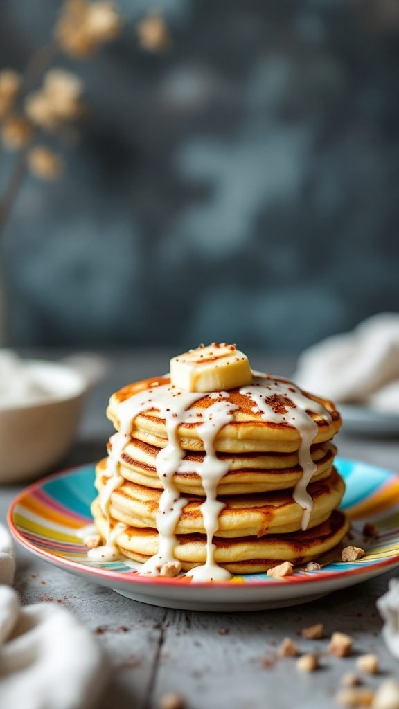 Stack of cinnamon roll pancakes drizzled with cream cheese glaze