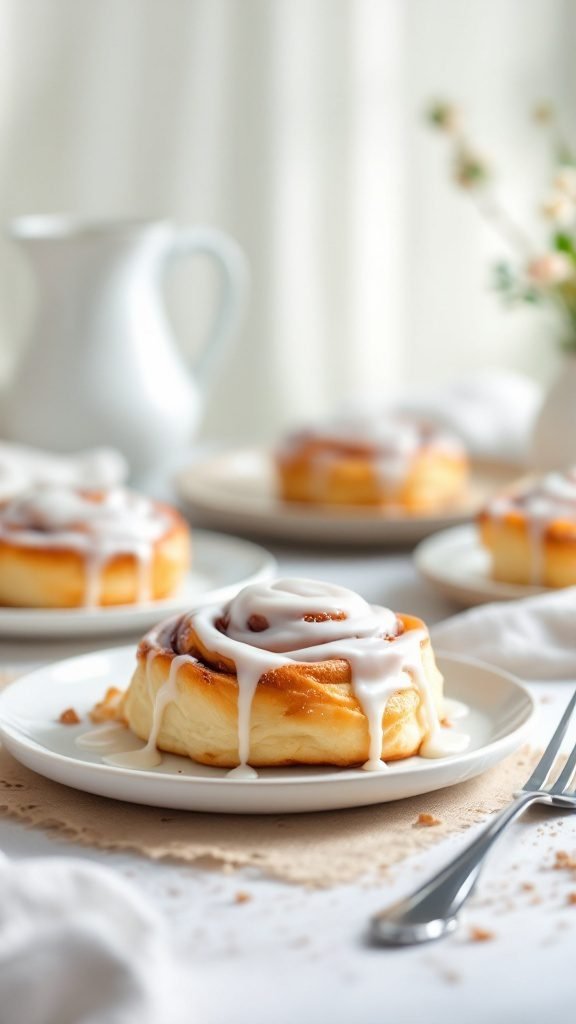 Cinnamon roll puff pastry with icing on a plate