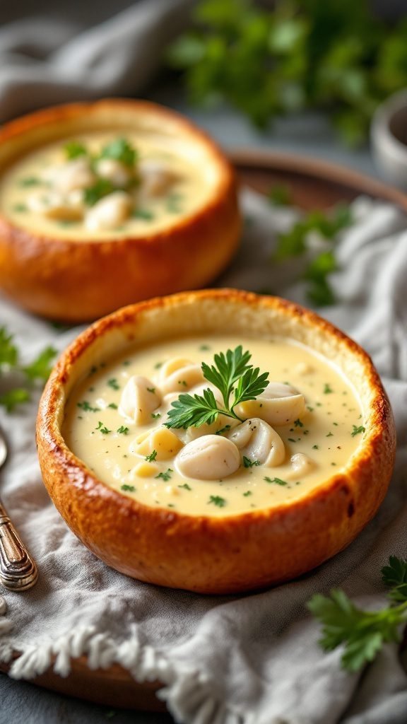 A delicious clam chowder served in crispy bread bowls garnished with parsley.