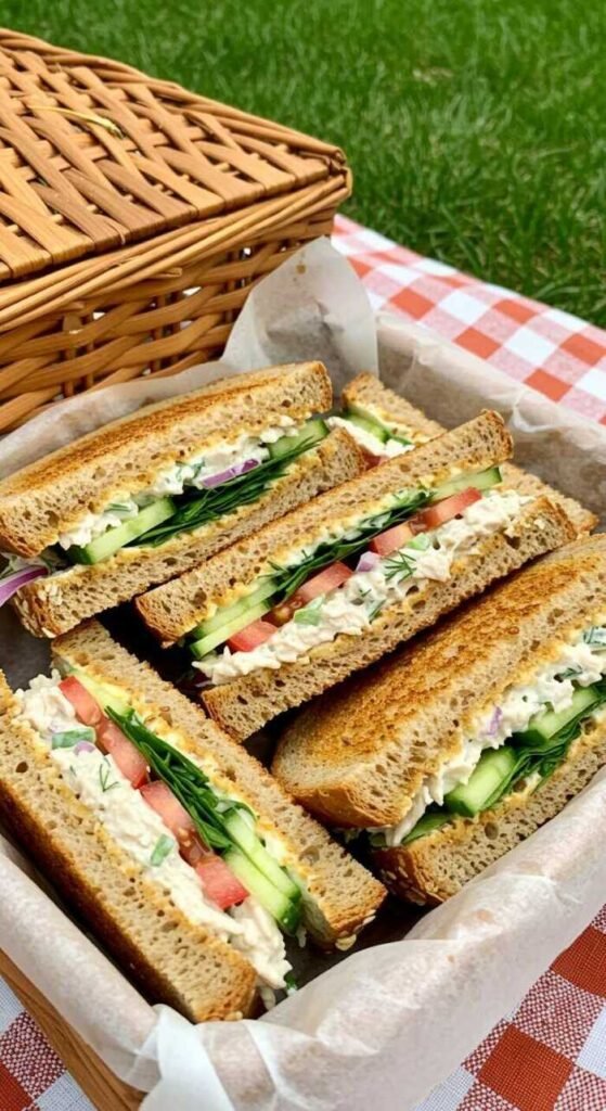 Classic chicken salad sandwiches on toasted bread with fresh herbs and vegetables, perfect for a picnic.
