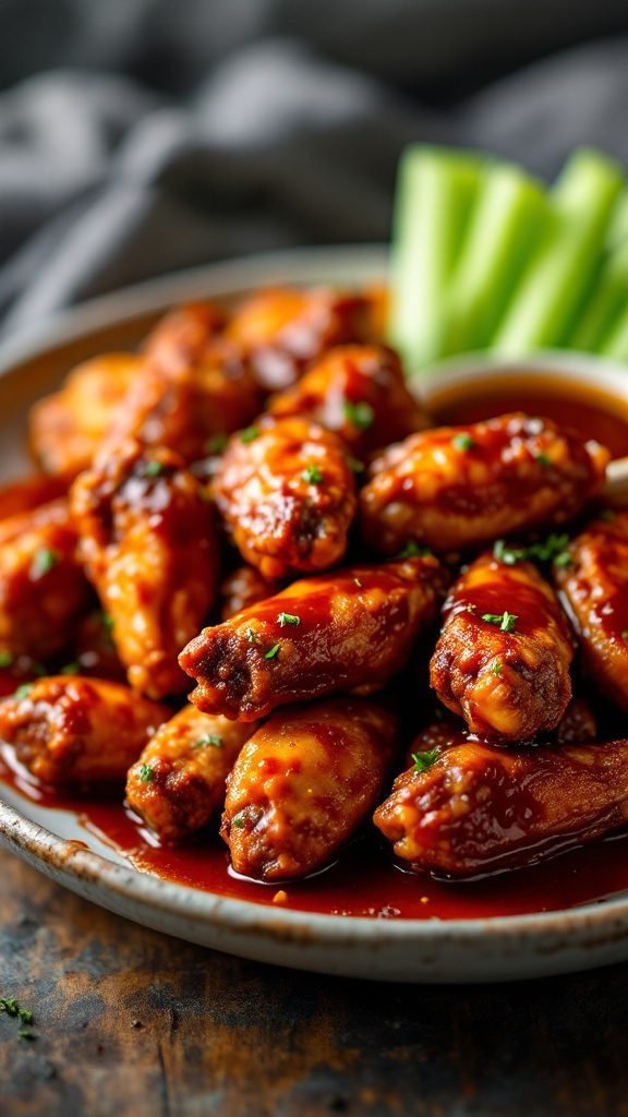 A plate of BBQ chicken wings garnished with parsley and served with celery sticks.