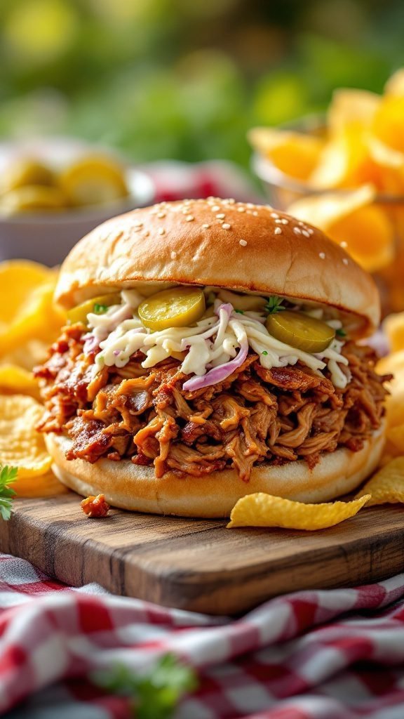 A delicious pulled pork sandwich with coleslaw and pickles, served with chips