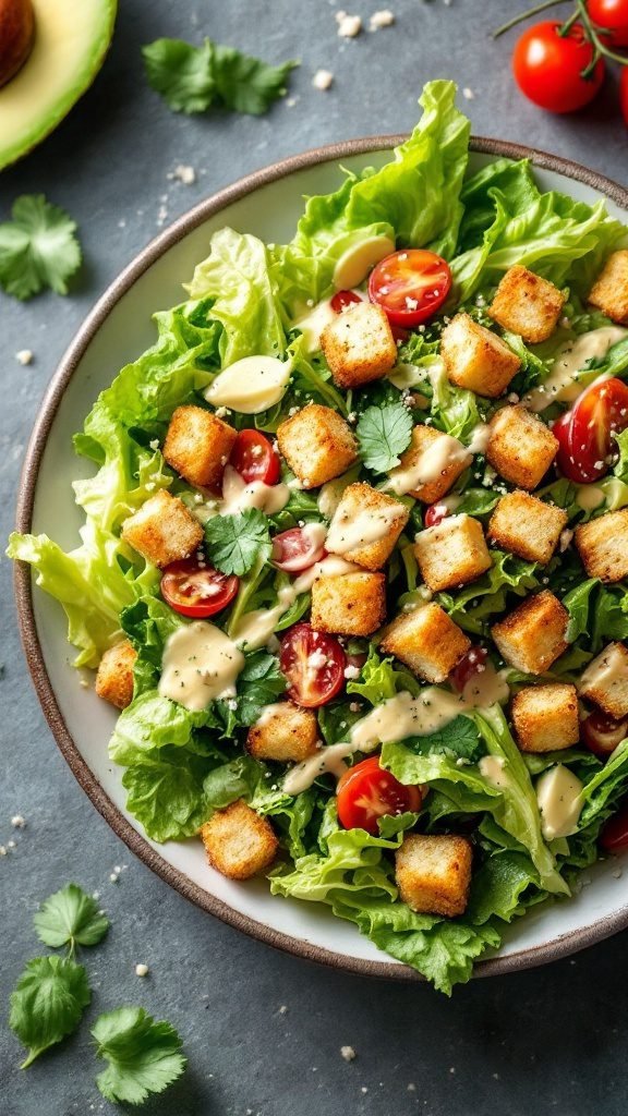 A classic Caesar salad featuring crisp romaine lettuce, cherry tomatoes, crunchy croutons, and creamy dressing.
