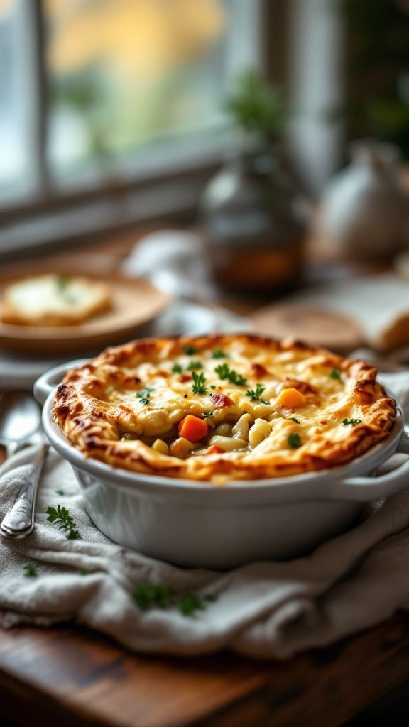 A classic chicken pot pie with a golden flaky crust, filled with chicken and vegetables.