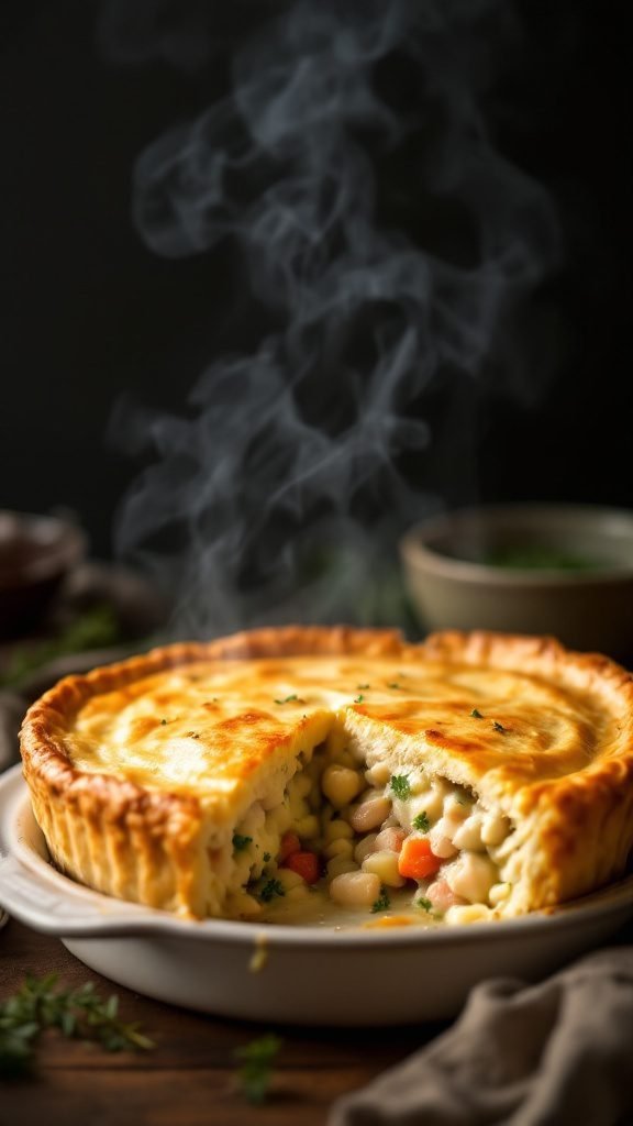 A freshly baked classic chicken pot pie with a flaky crust and steam rising from it.