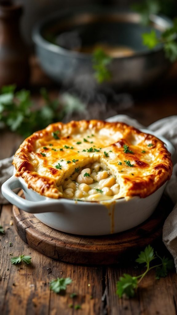 A homemade chicken pot pie with a flaky crust and creamy filling.