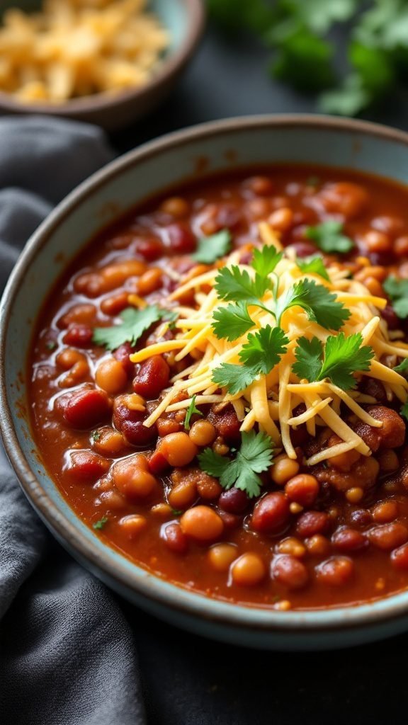 A bowl of classic chili con carne topped with shredded cheese and cilantro