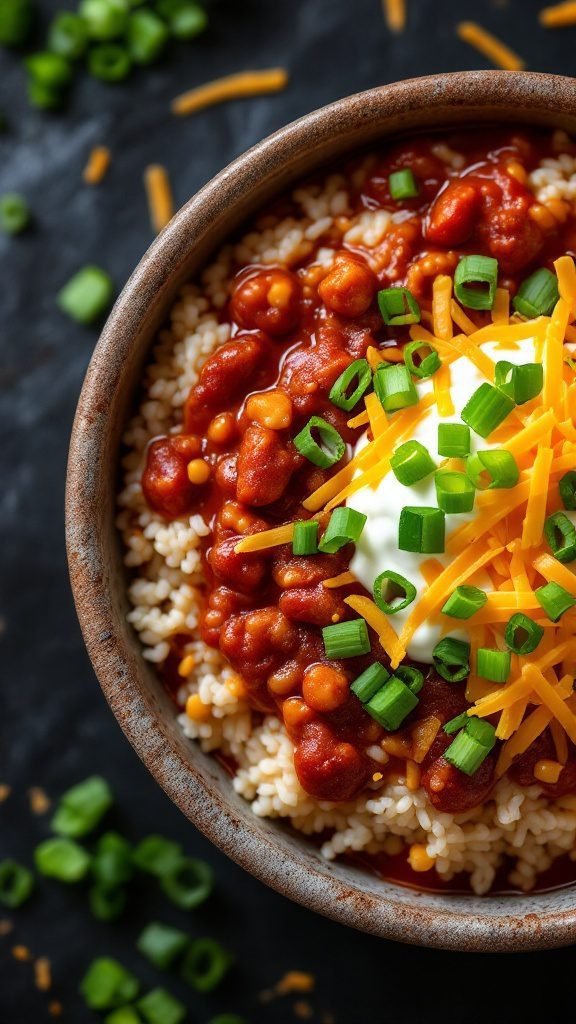 A delicious chili rice bowl topped with cheese, sour cream, and green onions.