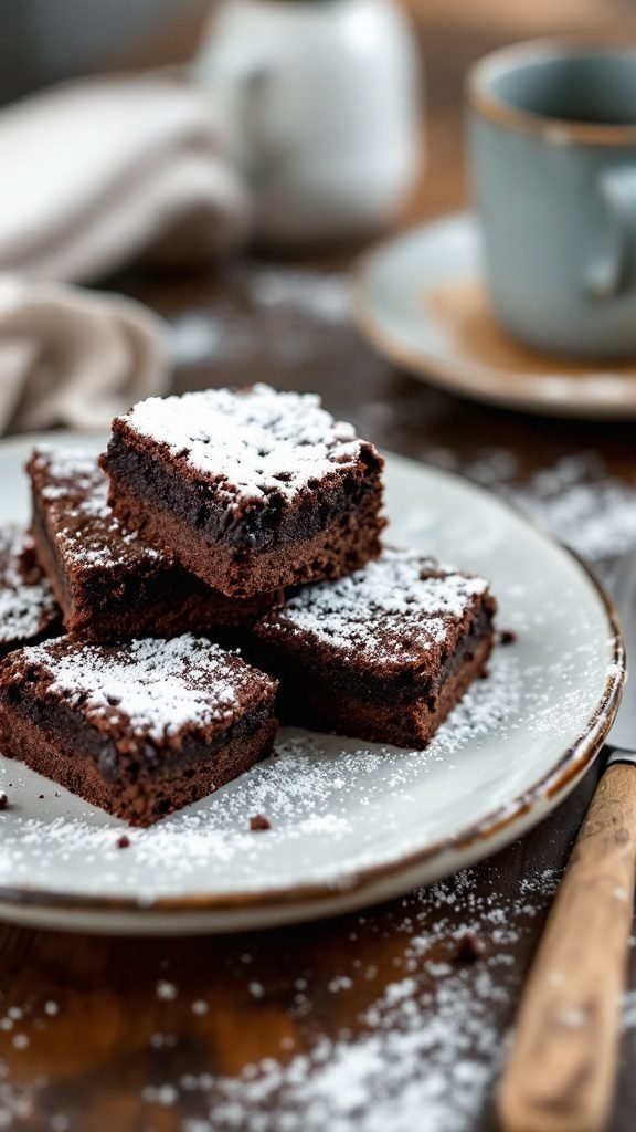 Delicious classic chocolate brownies on a plate, dusted with powdered sugar.