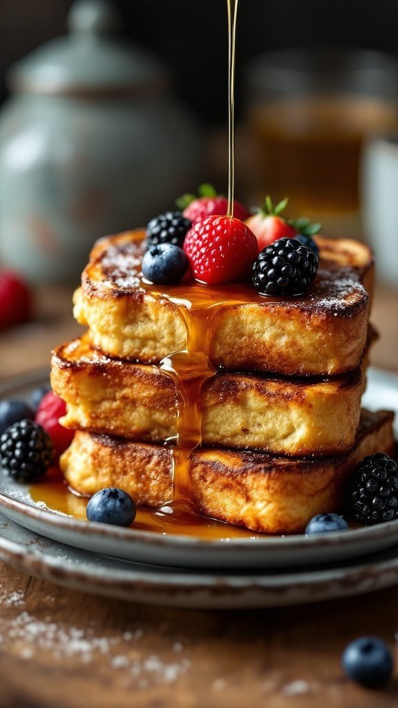 Delicious stack of classic French toast topped with berries and syrup