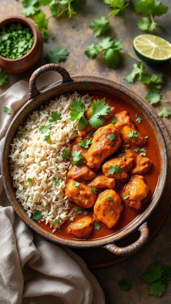 A bowl of classic Indian chicken curry with rice and garnished with cilantro