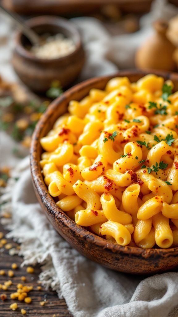 A bowl of creamy macaroni and cheese garnished with parsley.