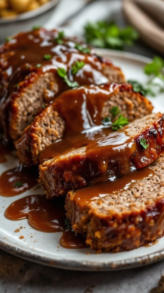 A delicious classic meatloaf with gravy served on a plate.