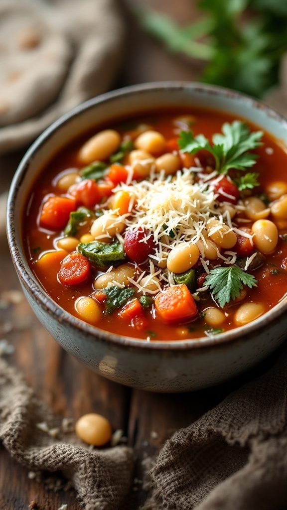 A bowl of classic minestrone soup with vegetables and beans, garnished with parsley.