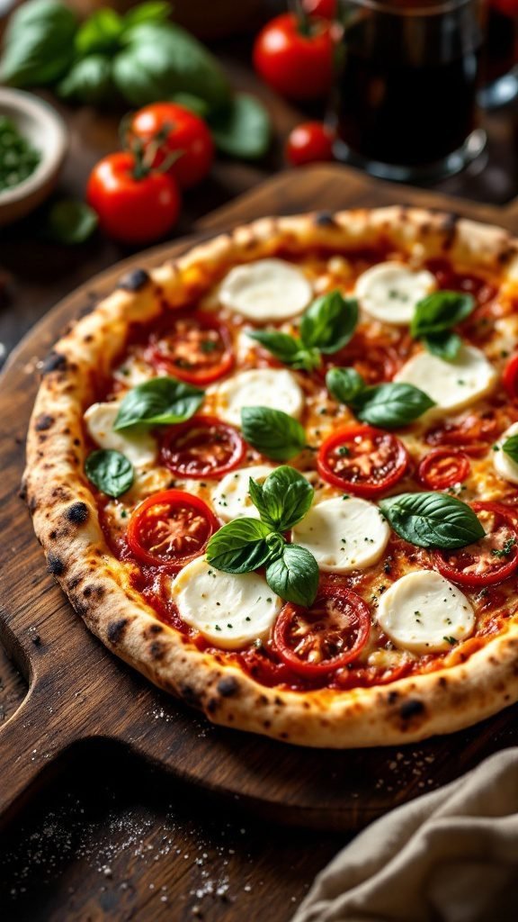 Neapolitan pizza with fresh mozzarella and tomatoes.