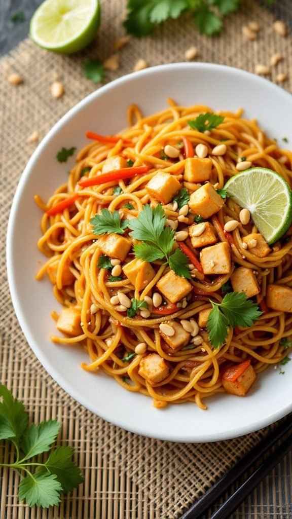 A plate of classic Pad Thai with tofu, garnished with peanuts and lime.