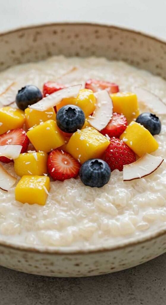 A bowl of coconut milk rice pudding topped with fresh fruit and coconut flakes