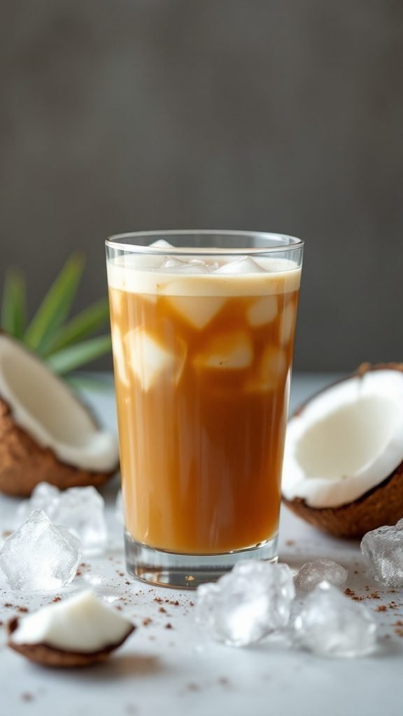 A glass of coconut cold brew coffee with ice, surrounded by coconut pieces.