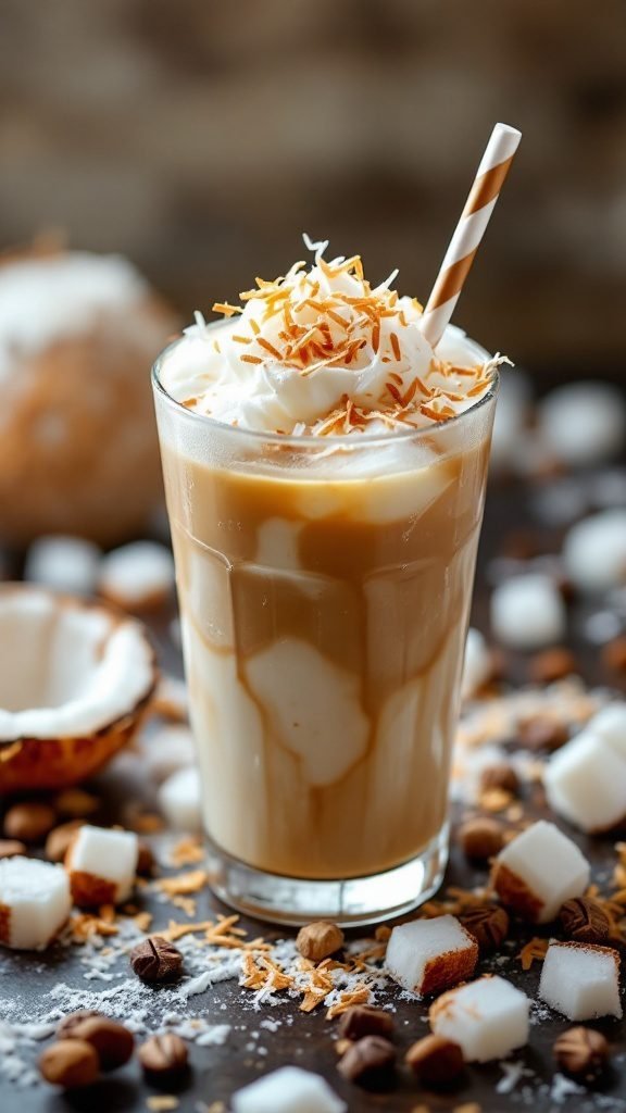 Coconut Cream Iced Coffee in a glass topped with whipped cream and toasted coconut flakes