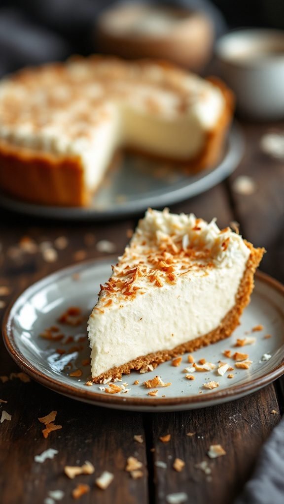 A slice of coconut cream pie topped with toasted coconut on a plate