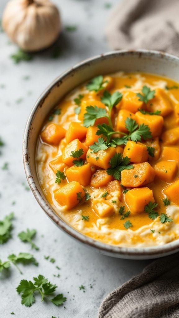 A bowl of creamy coconut curry butternut squash garnished with fresh cilantro.