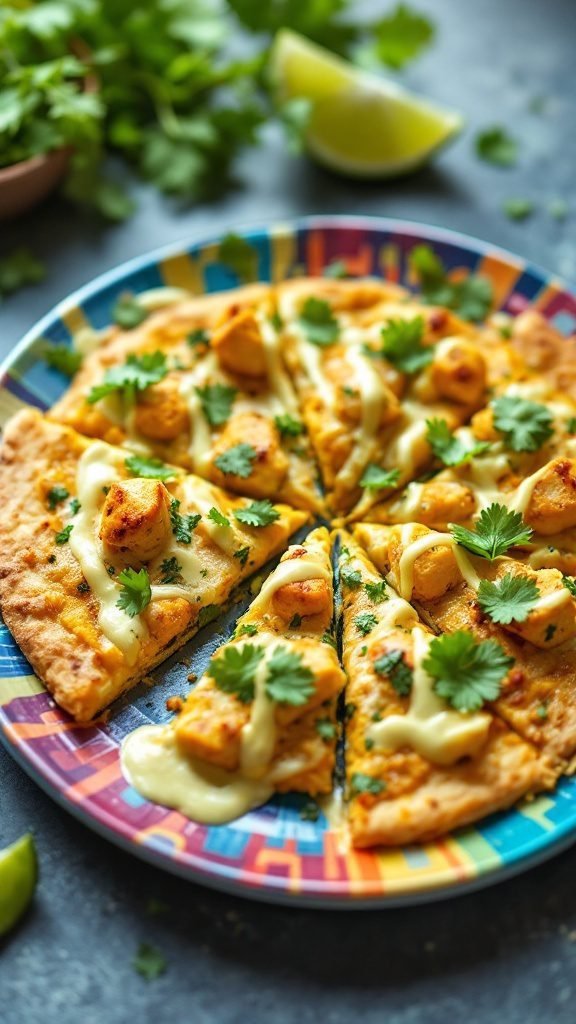 Coconut Curry Chicken Pizza with cilantro and lime sauce on a colorful plate, sliced and ready to serve.
