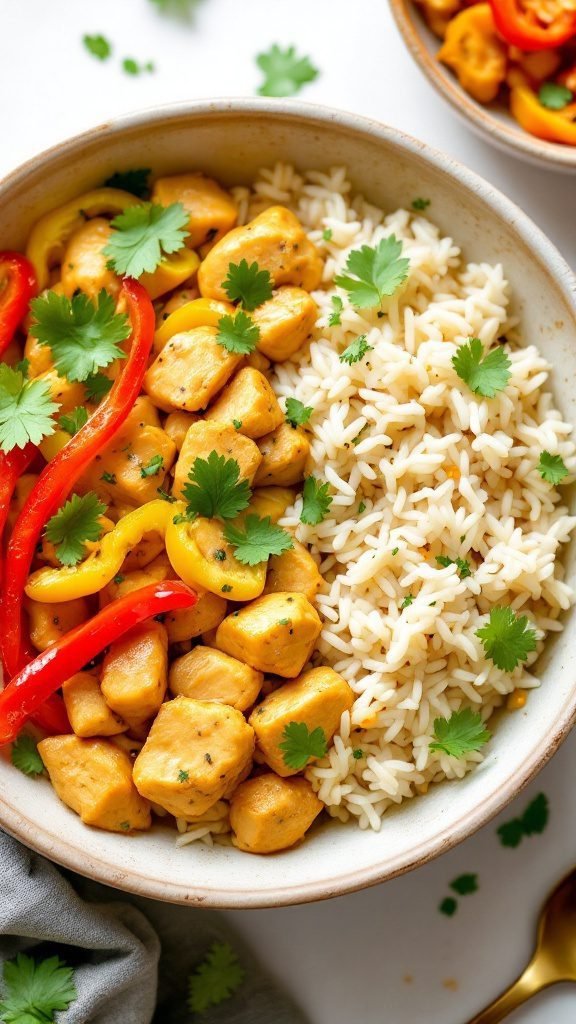 A delicious coconut curry chicken rice bowl with vibrant colors and fresh ingredients.