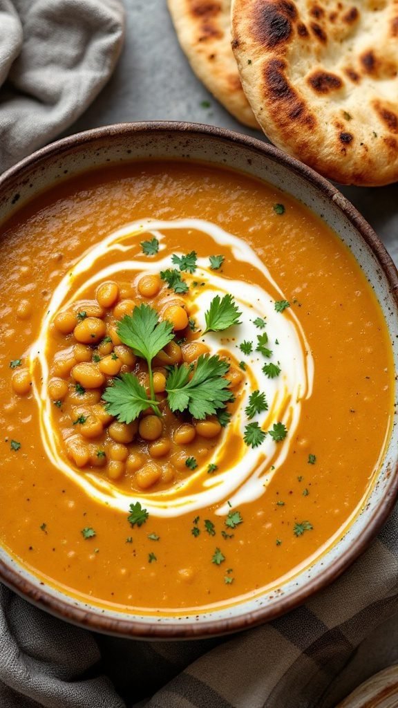 Bowl of coconut curry lentil soup with cilantro garnish