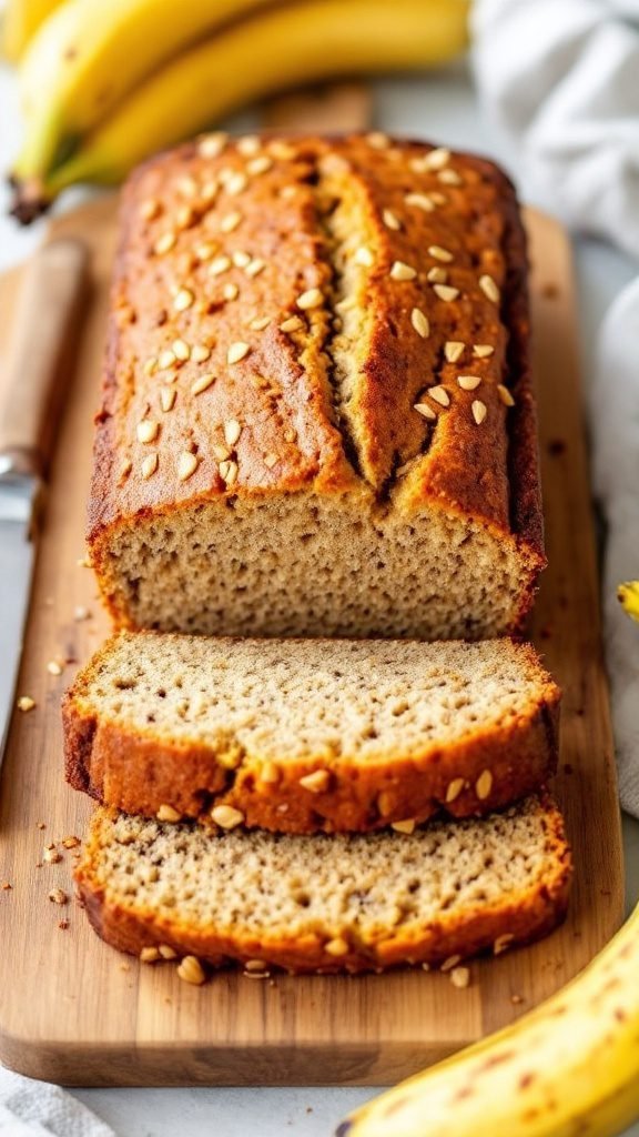 A loaf of freshly baked coconut flour banana bread sliced on a wooden cutting board.