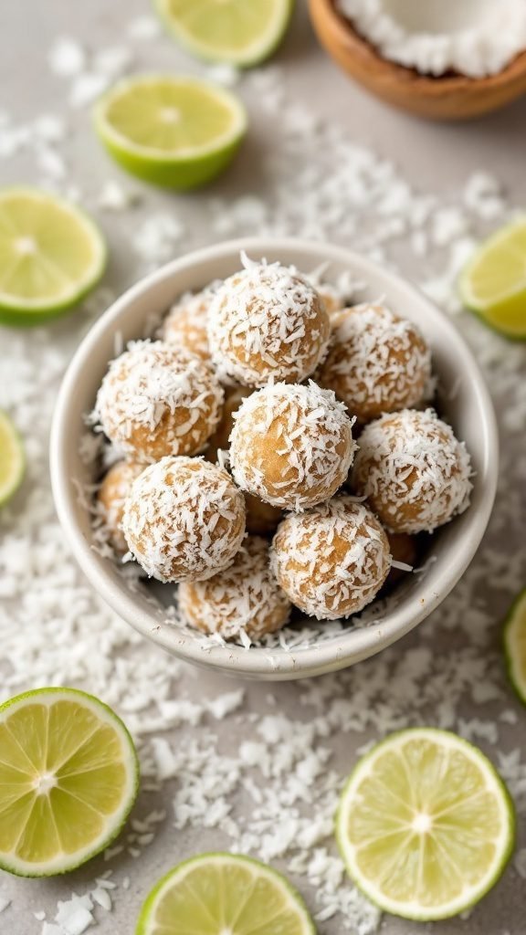 A bowl of coconut lime energy balls surrounded by lime slices.