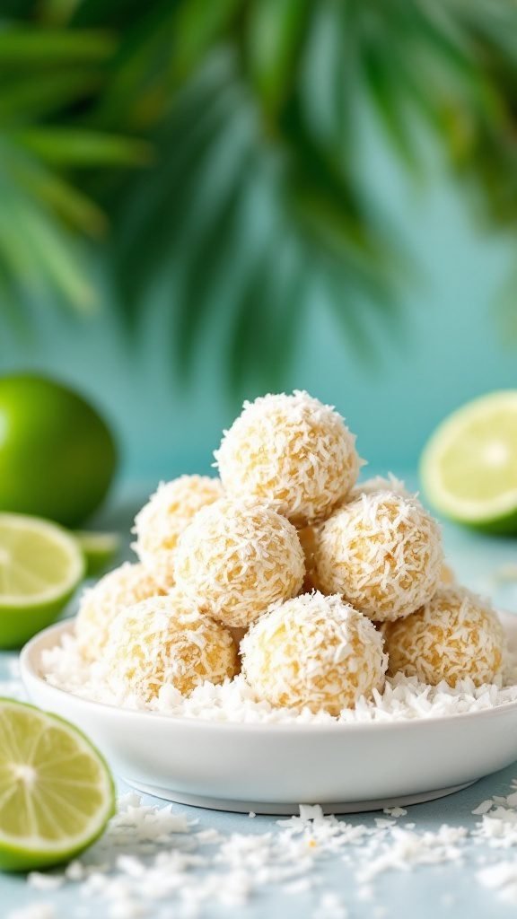 Coconut Lime Energy Bites on a plate with lime slices