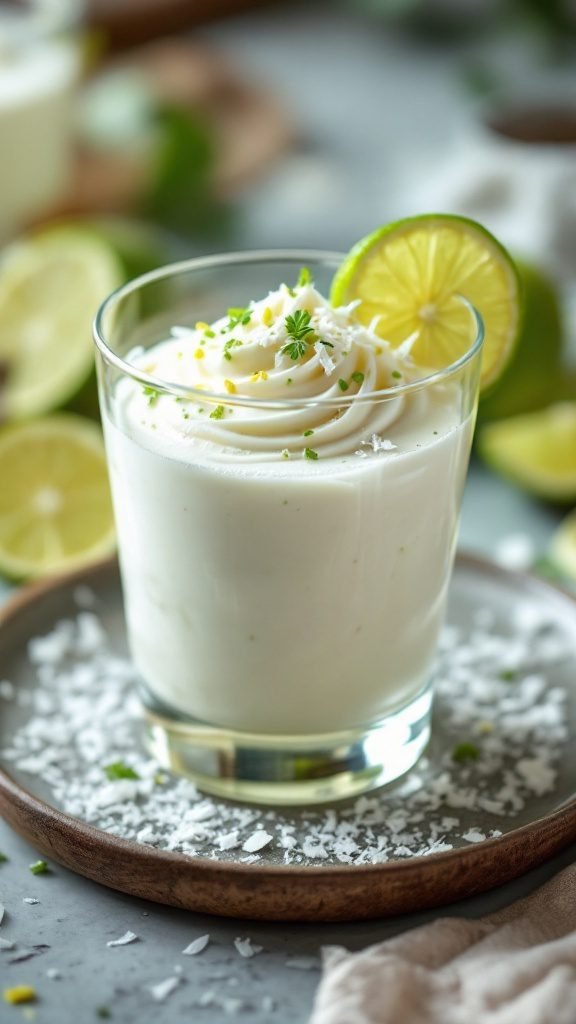 A glass of coconut lime mousse topped with shredded coconut and a slice of lime.