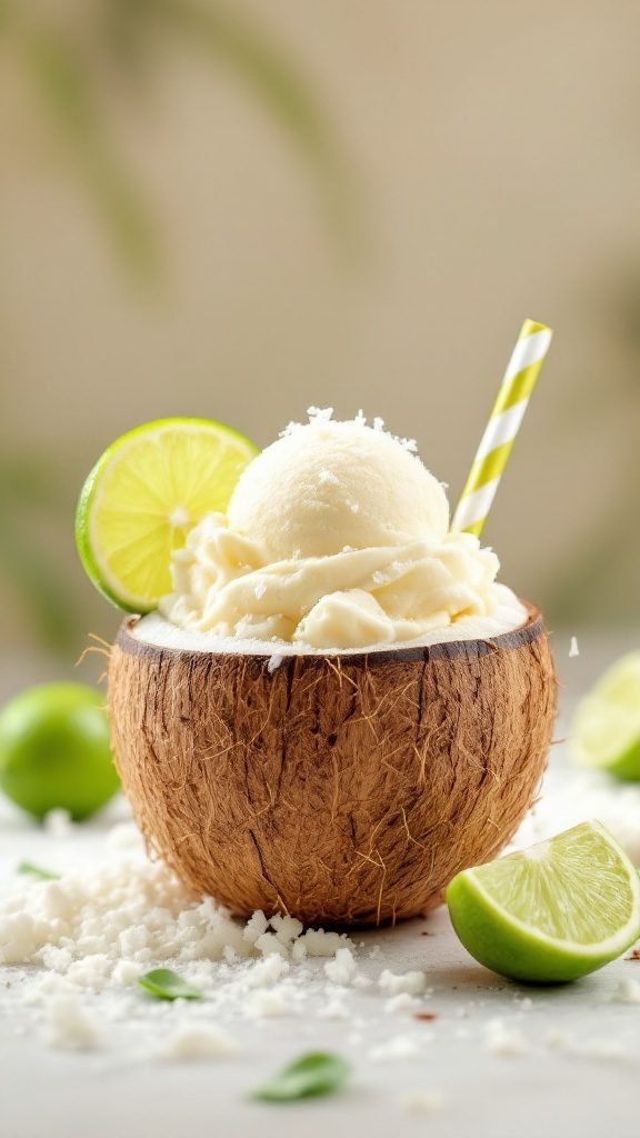 A bowl of coconut lime sorbet garnished with lime slices