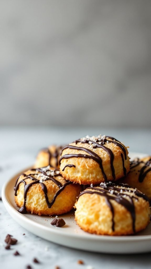 Delicious coconut macaroons drizzled with chocolate.