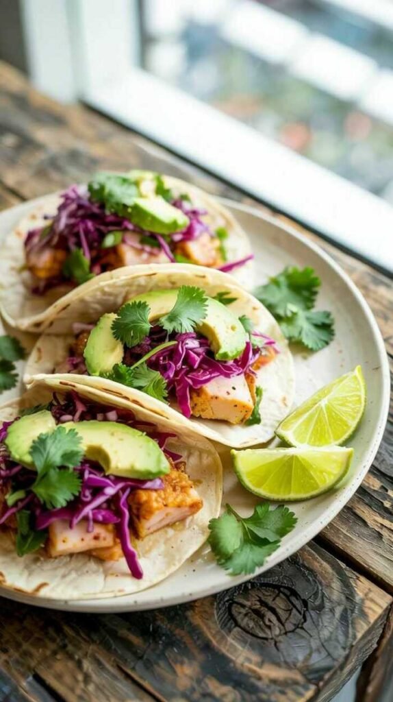 Delicious cod tacos topped with cabbage slaw and avocado, served on a colorful background