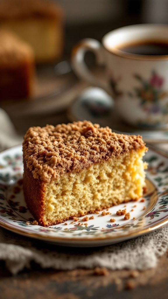 A piece of coffee cake with crumb topping on a floral plate next to a cup of coffee.