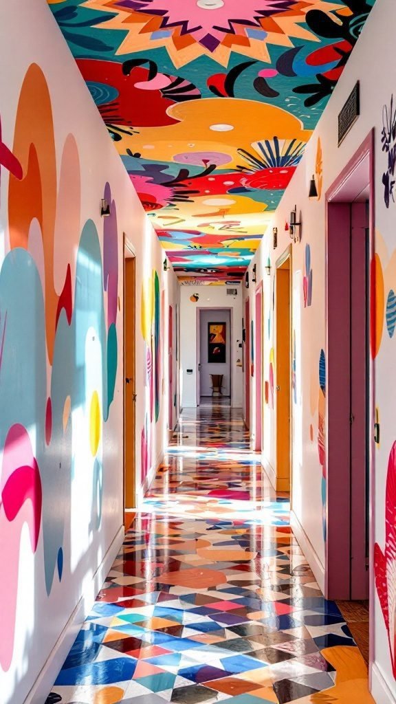 A vibrant hallway with a colorful ceiling and patterned floor