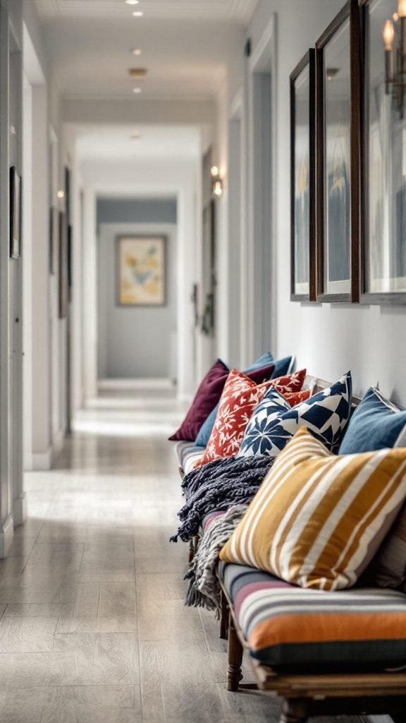 A hallway decorated with colorful throw pillows on a bench, showcasing a blend of patterns and vibrant colors.