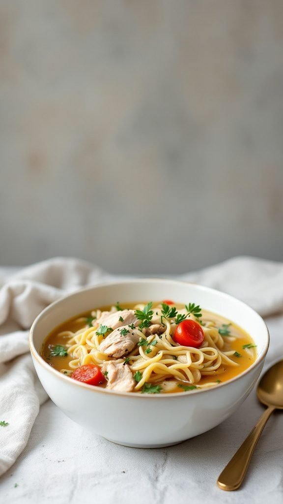 A comforting bowl of chicken noodle soup with noodles, chicken, and vegetables.
