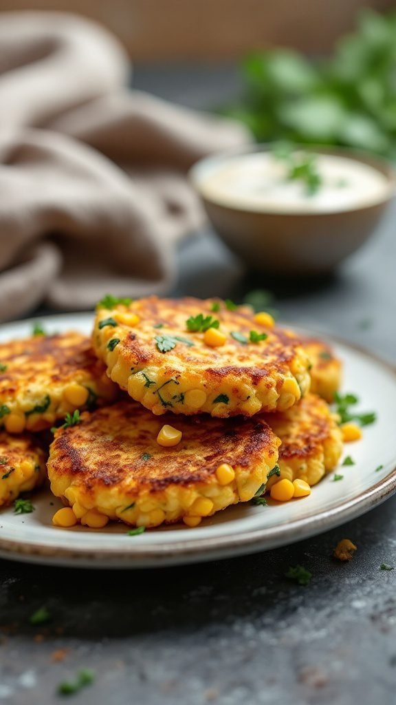 Delicious corn and zucchini fritters on a plate, garnished with parsley.