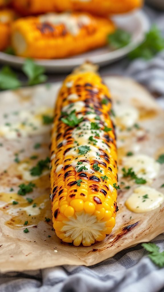 Grilled corn on the cob with herb butter and parsley