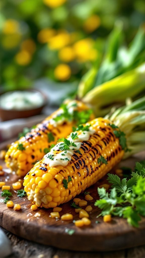 Delicious corn on the cob with herb butter, garnished with fresh herbs.