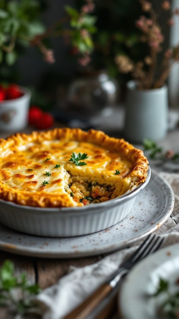 A freshly baked cottage pie with a golden crust and a serving cut out, garnished with fresh parsley.