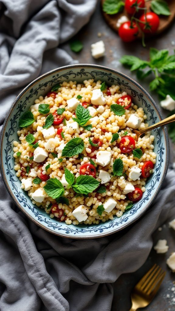 A bowl of couscous salad with feta cheese, cherry tomatoes, and mint.