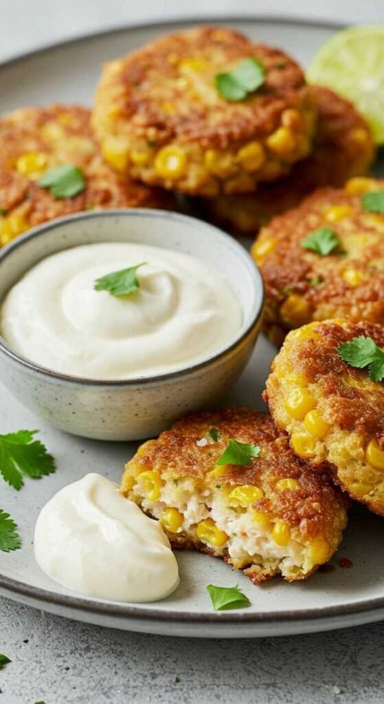 Delicious crab and corn fritters served with a creamy dipping sauce.